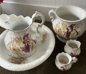 5 Pcs Antique Chamber Set With Iris Design, Basin, Pitcher, Cup, Container & Pot (lid Not Present)
