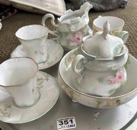 8 Pcs Antique Porcelain, Chocolate Cups & Saucers, Creamer & Covered Sugar And Bowl