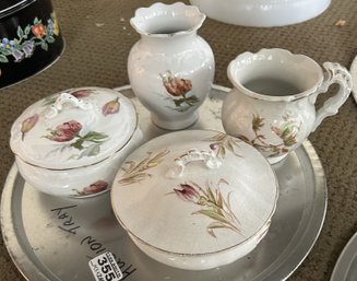 4 Pcs Antique Porcelain Vanity Lidded Boxes, Vase And Handled Cup