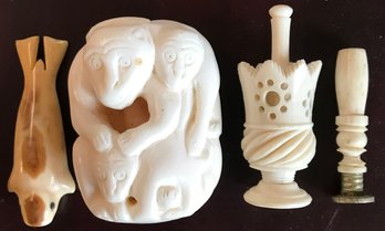 Antique Chinese Carved WHite Jade Monkeys, Carved Seal, Carved Ivory Wax Seal & Carved Ivory (?)
