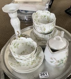 14 Pcs Antique Porcelain Mostly In Delicate Green Ivy Design, Various Pieces