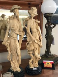 Huge 20' Vintage Pair LARGE Carved Resin (Imitation Ivory) Statues Of Chinese Man & Woman On Rosewood Stands,