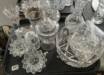 Tray Lot Of Quality Vintage Crystal Vessels And Bag Of Prisms