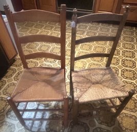 2 Pcs Pair Antique Ladder Back Kitchen Chairs With Woven Seats, 18' X 14' X 35'H