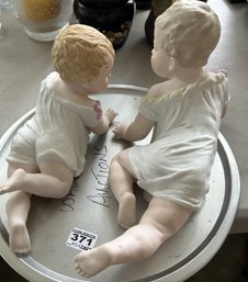 2 Pcs Large Polychrome Bisque Statues Of Crawling Babies