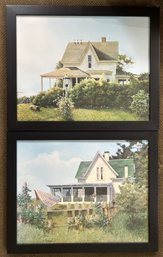 Large Pair Similar Black Framed Pictures Of Victorian Homes With Porches