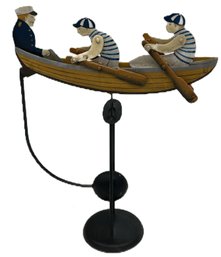 Vintage Metal Rocking Balanced Art Sculpture Of Row Boat With Captain & 2 Rowers