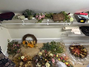 Closet Lot With Various Seasonal Wreaths And Florals