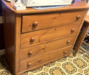 Antique 4-Drawer Scrubbed Pin Dresser With Round Wooden Knob Pulls, 39' X 17.5' X 34'H