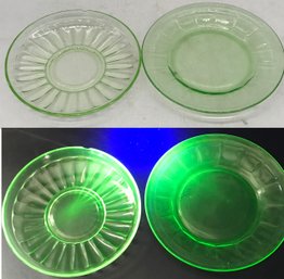 2 Pcs Vintage Green Uranium Glass Plates, 1-Saucer 5-1/2' Diam (rim Chip) & 1-Dessert 5-7/8' Diam