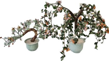 Vintage Pair Similar Chinese Real Jade Bonsai Trees, Both In Celadon Green Pots, LG 16'H & SM 11'H