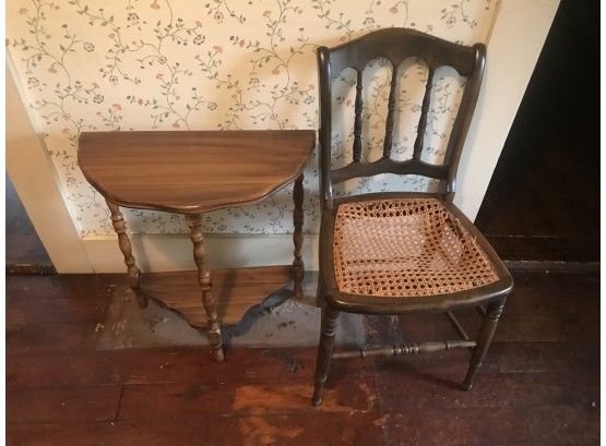 Small Wooden Candle Stand And Cane Bottom Chair