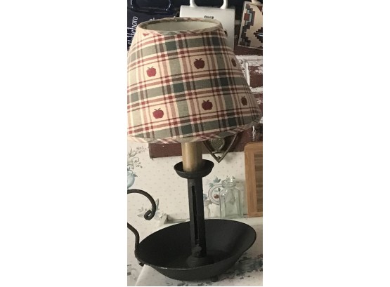 Antique Push-up Country Candlestick Lamp Tan/Green/Red Fabric Shade