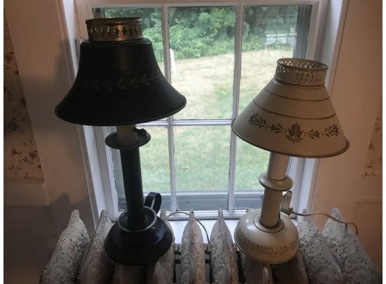 Pair Of Similar Contrasting Metal Shade Black Candlestick Lamps