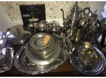 Large Lot Of Various Silver Plated & Pewter Flatware And Service Pcs