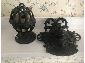 Antique Cast Iron Inkwell & Cast Iron String Ball Holder