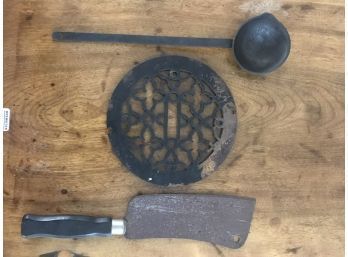 Cast Iron Long Handle Ladel, Stove Grate & Cleaver
