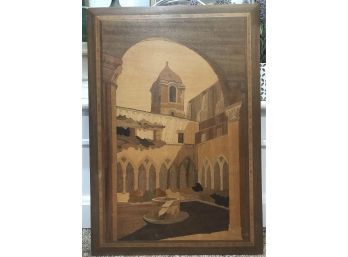 Large Italian Inlaid Marquetry Plaque Of Cathedral