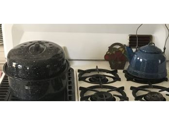 Vintage Splatter Ware Roaster And Enameled Teapot