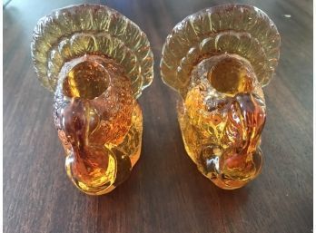 Pair Amber Thansgiving Turkey Candleholders