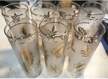 7 Pcs Mid-century Clear Frosted Gold Leaf Hi-ball Bar Glassware