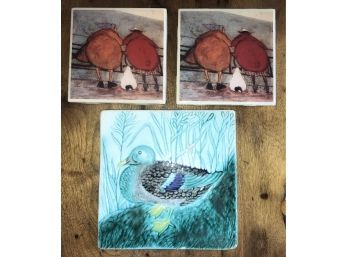 Antique Hand-painted German Duck Tile And Two Others Trivet Tiles