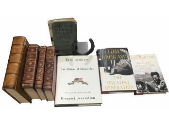 Collection Of 4 Leather Bound Books And 3 Tom Brokaw Greatest Generation And 1 Horsehoe Bookend