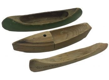 2 Native Indian Hand-Carved Wooden Canoes And 1 Carved Wooden Sail Boat