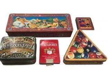 Vintage Group Of 5 Lithograph Advertising Tins Various Sizes, Shapes And Brands