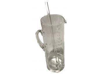 Vintage Etched Glass Martini Pitcher And Glass Stir Stick