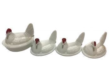 Vintage MIlk Glass Hen On Nest And 3 Chickens Without Nests