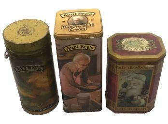 Vintage Group Of 3 Lithograph Advertising Tins Aunt Bea's Butterscotch Cream, Bailey's Irish Cream And Other
