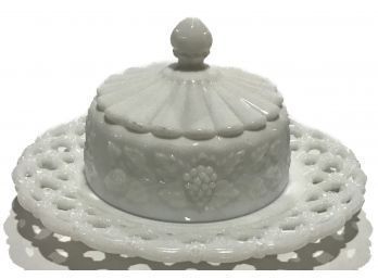 Milk Glass Covered Butter Or Cheese Dish On Pierce Reticulated Plate