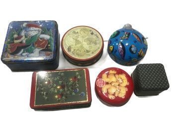 Vintage Group Of 6 Lithograph Advertising Tins Various Sizes, Shapes And Brands Christmas, Holiday