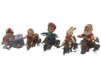 5 Vintage Wind-up Lithogragh Tin Toy Figures On Scooters
