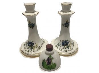 Pair Vintage Fine Irish Galway Tara Porcelain Candlestick Holders & Painted Milk Glass Bottle