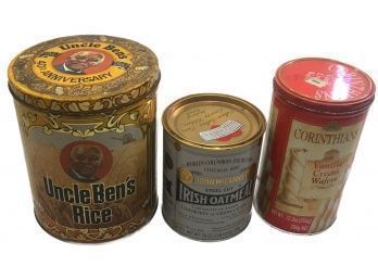 3 Vintage Round Lithograph Uncle Ben's Rice, John McCann's Irish Oatmeal And Corinthians Vanilla Cream Wafers