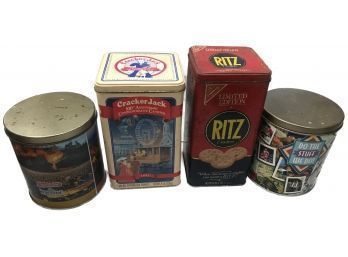 Vintage Group Of 4 Lithograph Advertising Tins Various Sizes, Shapes And Brands