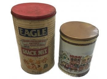 Vintage Group Of 2 Large Lithograph Advertising Tins Eagle Snack Mix And Trails End Carmel Corn