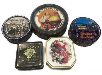 Vintage Group Of 5 Lithograph Advertising Tins Various Sizes, Shapes And Brands - Christmas, Holiday