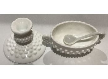 Hobnail Milk Glass Single Candle Stick And Open Sauce Dish & Ladle