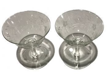Pair Vintage Finely Floral Etched Crystal  Champagne Glass