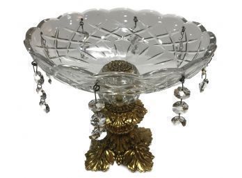 Fine Cut Crystal Compote On Ormolu & Marble With Hanging Crystals
