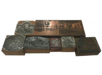 Vintage Selection Of 8 Etched Copper Printing Plates Mounted On Wood Blocks