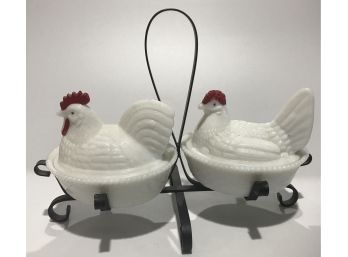 Pair Milk Glass Nesting Chickens In Black Metal Rack
