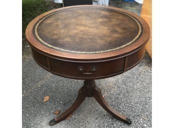 Vintage Leather Top Round Single Drawer Table With CurvedLegs And Lion Paw Brass Cap