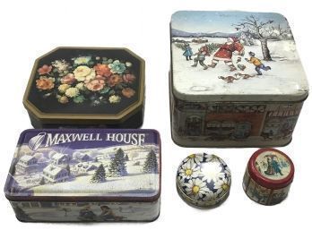 Vintage Group Of 5 Lithograph Advertising Tins Various Sizes, Shapes And Brands