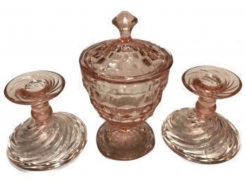 3 Pcs Pink Depression Glass, Pair Candlesticks & Covered Compote