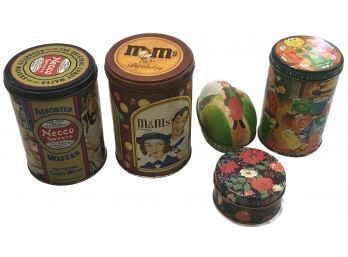 Vintage Group Of 5 Lithograph Advertising Tins Various Sizes, Shapes M&M And NECCO And Easter Bunny