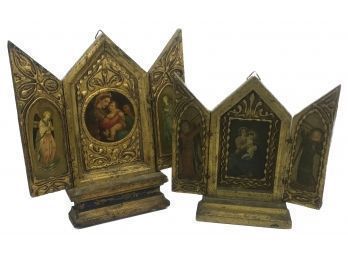 Pair Religious Triptych Shelf Or Wall Mounted Icons